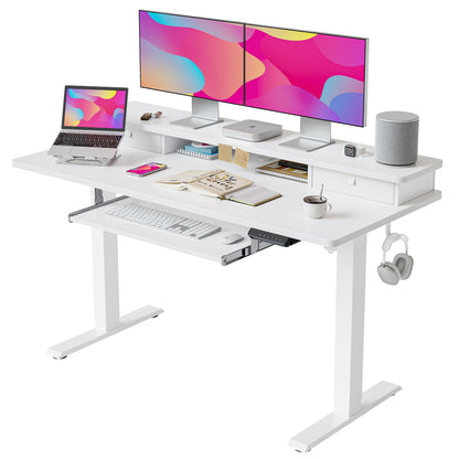 FEZIBO Standing Desk with Drawers, Adjustable Height Desk with Keyboard Tray, Stand Up Desk with Storage Shelf, 55 x 24 Inchs, White Top - WoodArtSupply