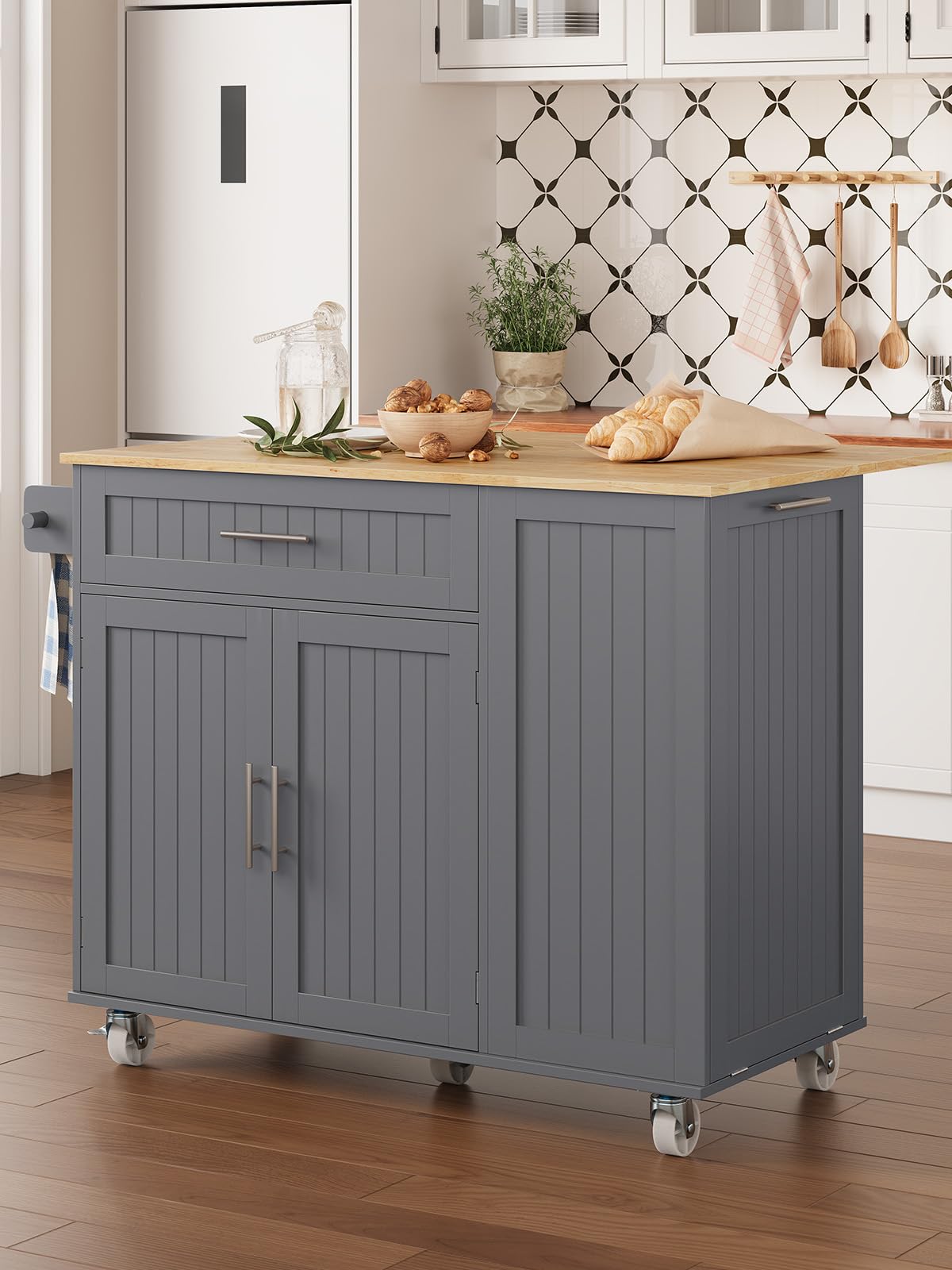 43.3" Rolling Kitchen Island Cart with Drop Leaf & Storage - Mobile Kitchen Organizer with Wheels, Rubberwood Top, Trash Bin Cabinet & Towel Rack, Farmhouse Style for Small Spaces Grey LotaTools