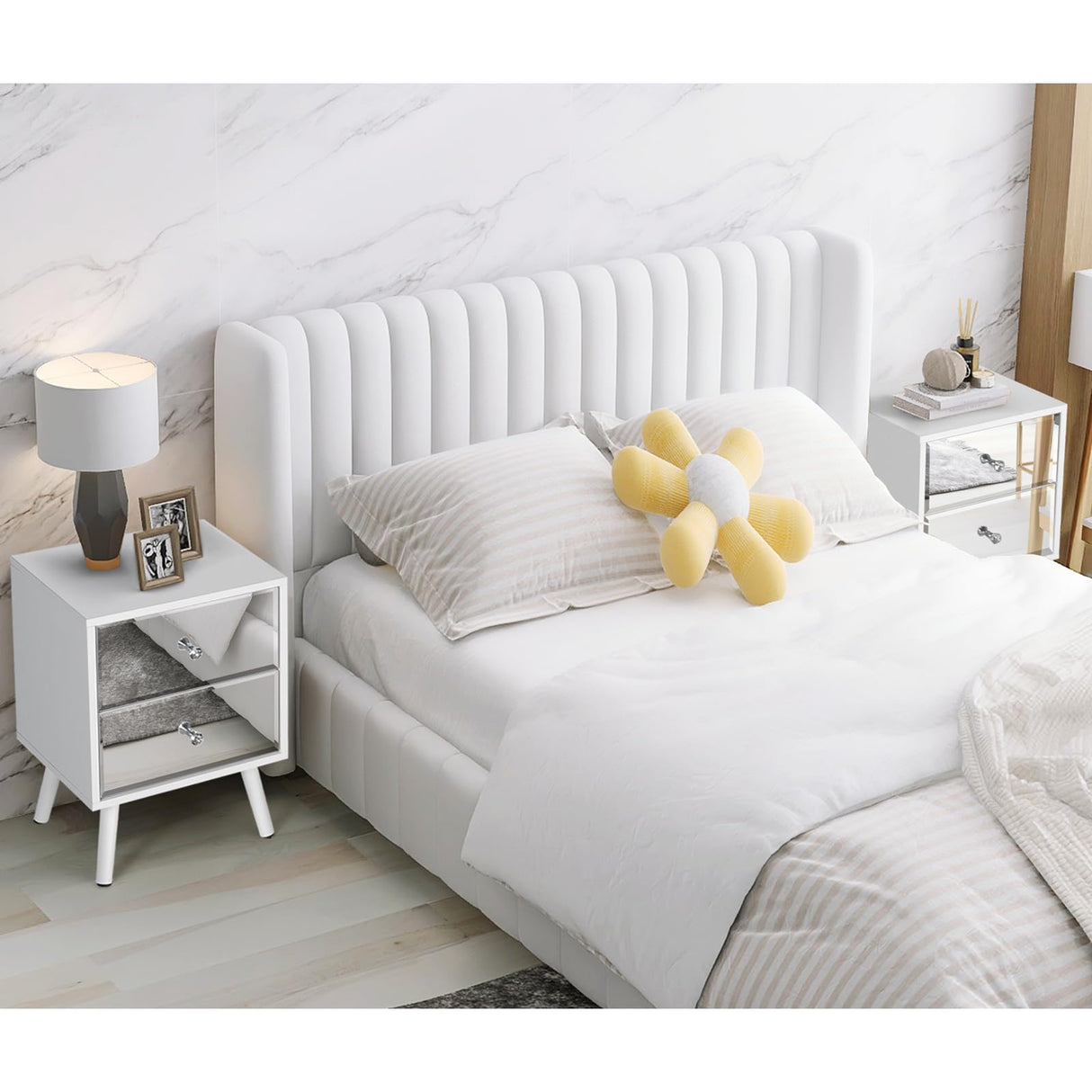 STHOUYN White Nightstand Set of 2, Mirrored Bedside Table Set of 2, Modern Bedroom Night Stands with 2 Drawer, Bed Side Table/Night Stand, End Tables Decorative Table Living Room (White) STHOUYN