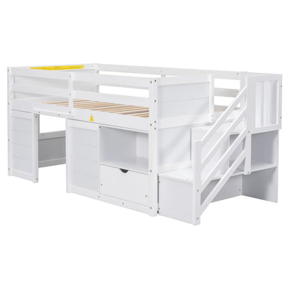 Low Loft Bed with Stairs and Storage, Twin Size Wooden Frame for Kids - White