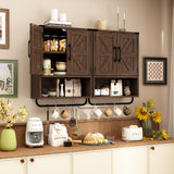 RUSTOWN Farmhouse Wall Storage Cabinet with Two Barn Door, Rustic Mounted Medicine Cabinet with Adjustable Shelf and Towel Bar, 3-Tier Wood Cabinet for Kitchen, Bathroom, Living Room (Dark Walnut) RUSTOWN