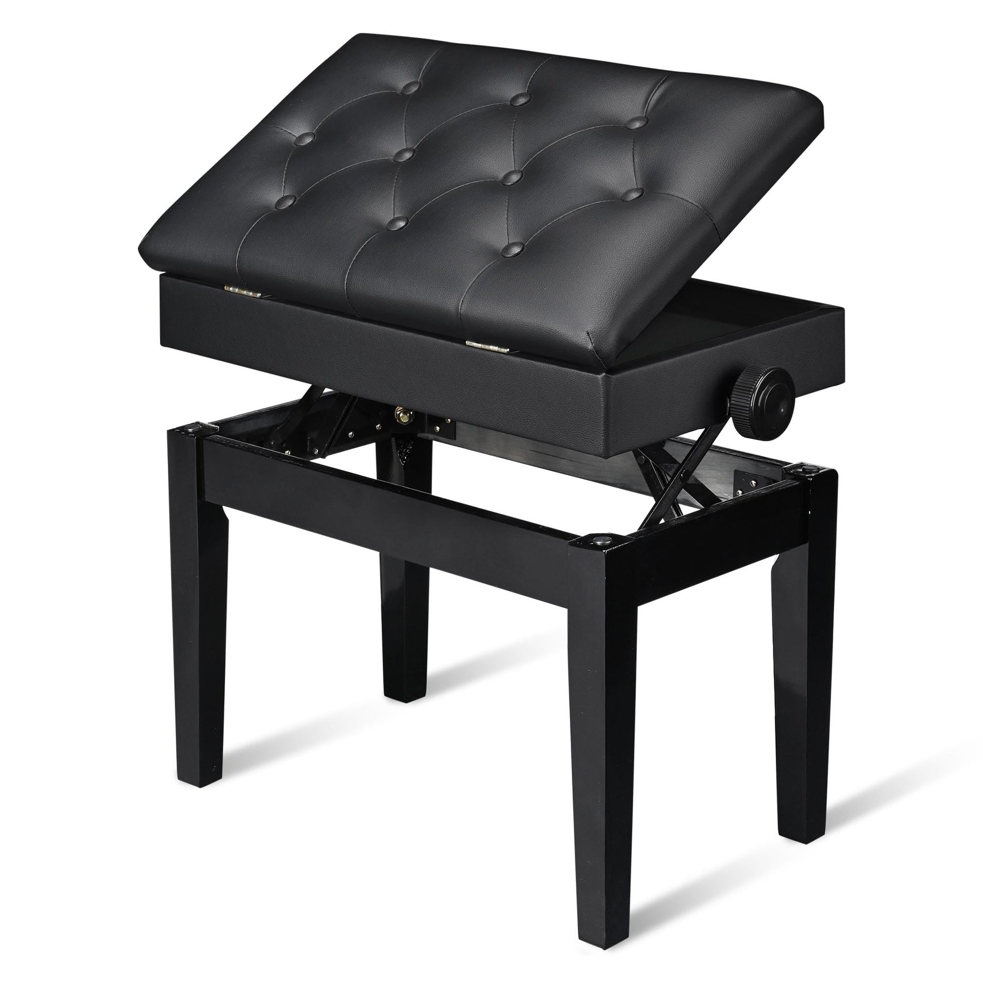 AW Adjustable Height Piano Bench Stool PU Leather Wooden Keyboard Seat with Music Storage Weight Capacity 400lbs Black - WoodArtSupply