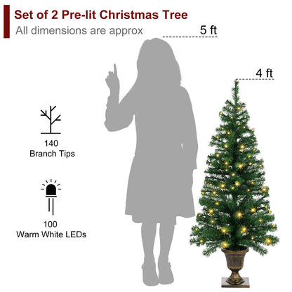 Set of 2 Christmas Trees with Lights 4-FT Artificial Urn Potted Porch Christmas Tree Battery Powered with 8 Modes and Timer for Indoor Outdoor