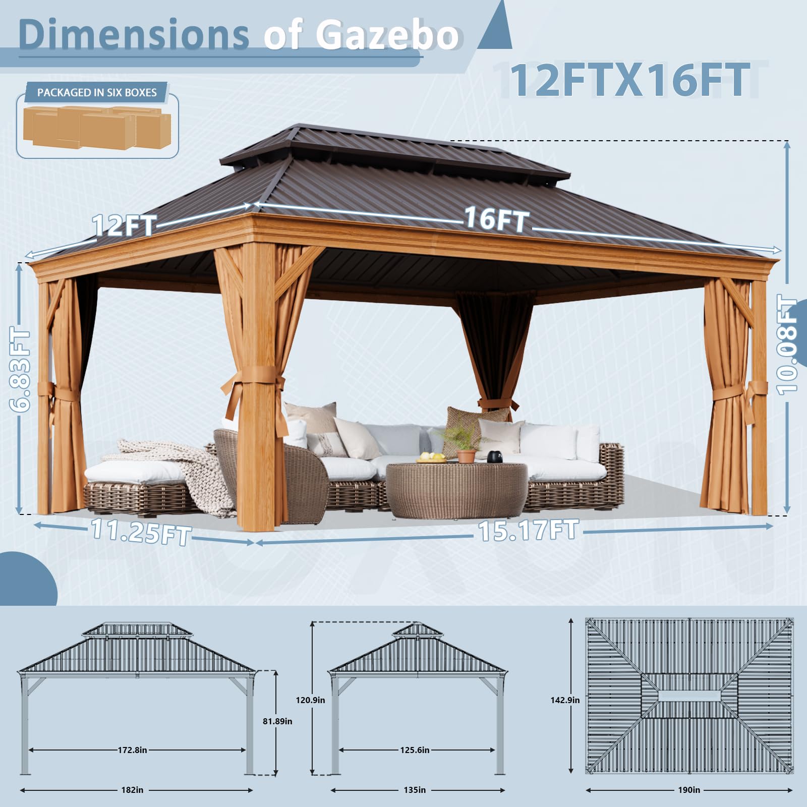 Aoxun 12' x 16' Permanent Gazebo, Wooden Finish Coated Aluminum Frame Canopy Galvanized Steel Hardtop Top, Outdoor Metal Pavilion with Privacy Curtains and Netting, for Deck, Patio and Backya - WoodArtSupply