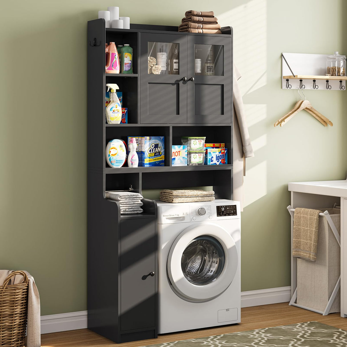 Itaar Over The Toilet Storage Cabinet, Over Toilet Bathroom Organizer with Glass Doors & Toilet Paper Holder Stand, Home Space-Saving Toilet Rack, for Bathroom, Restroom, Laundry(Black) Itaar