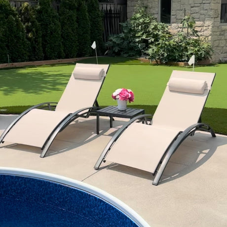 PURPLE LEAF Patio Chaise Lounge Set of 3 Outdoor Lounge Chair Beach Pool Sunbathing Lawn Lounger Recliner Chiar Outside Tanning Chairs with Arm for All Weather, Side Table Included, Beige PURPLE LEAF