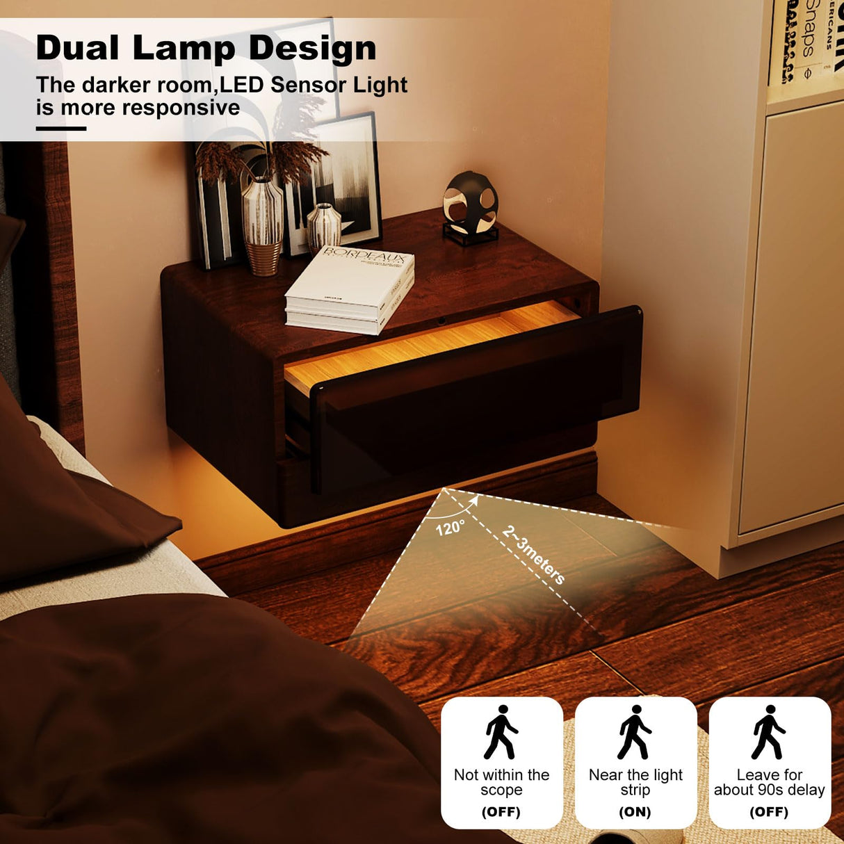 MUSSTUFIC Floating LED Nightstand, Smart Sensor Bedside Wall Mounted Wood Side End Table with 2 Storage Drawers for Bedroom Dorm Small Space, Dark Walnut (Walnut, 1 pcs) MUSSTUFIC