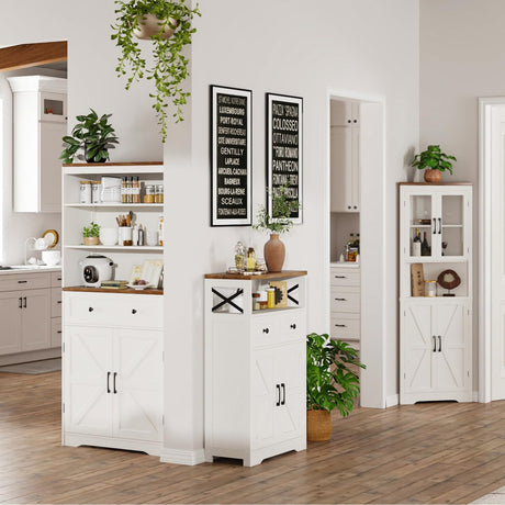 Farmhouse Storage Cabinet with Barn Doors and Shelves, Farmhouse Kitchen Pantry Storage Cabinet, Small Tall Coffee Bar Cabinet with Storage, Hutch Cupboard for Kitchen, Laundry, Living Room,White FiveWillowise