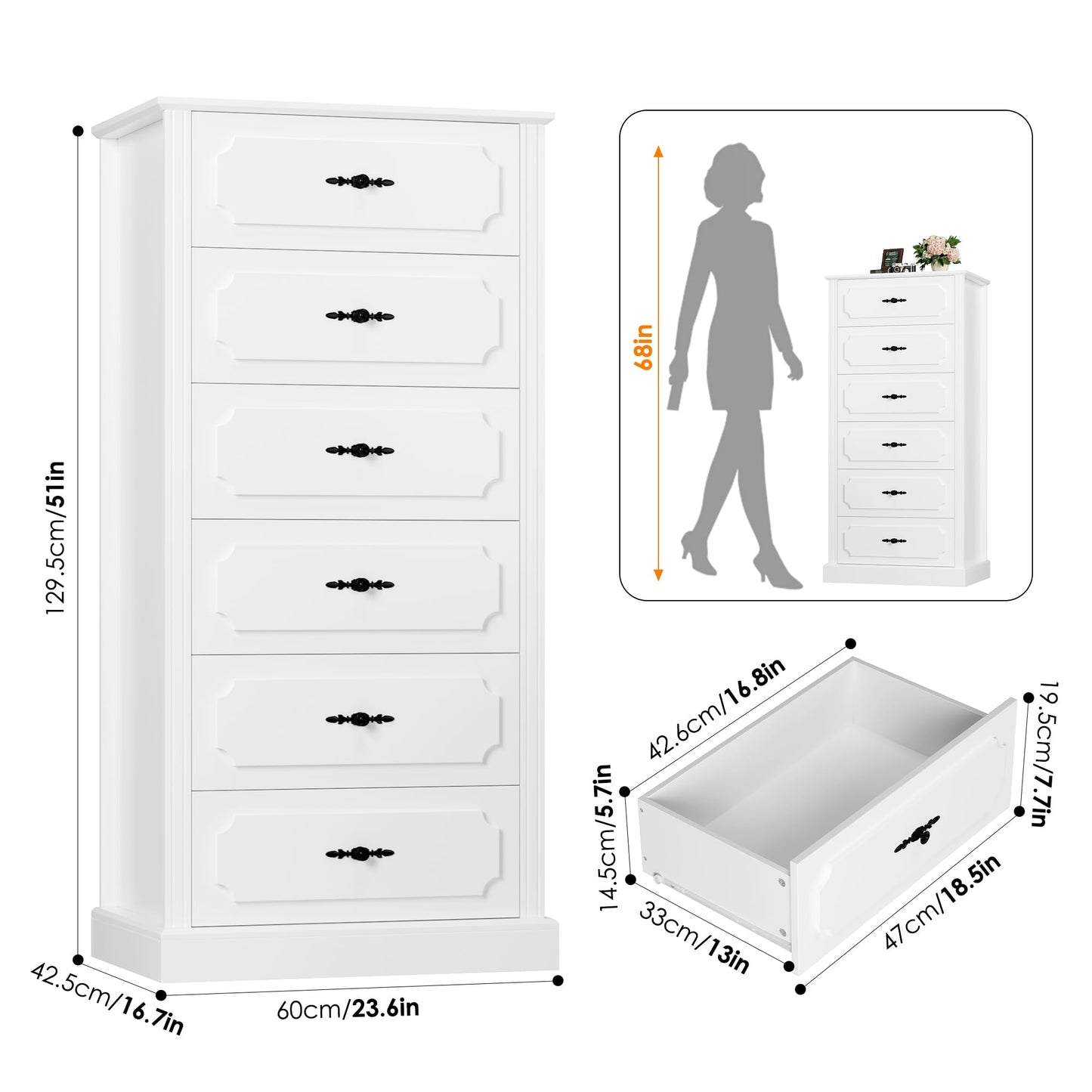 finetones 6 Drawer White Dresser, 51" Tall White Dresser Chest of Drawers, Tall Dresser White 6 Drawer Dresser with Large Storage Space, Modern Storage Chest of Drawers, Super Stable Base - WoodArtSupply