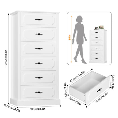 finetones 6 Drawer White Dresser, 51" Tall White Dresser Chest of Drawers, Tall Dresser White 6 Drawer Dresser with Large Storage Space, Modern Storage Chest of Drawers, Super Stable Base - WoodArtSupply