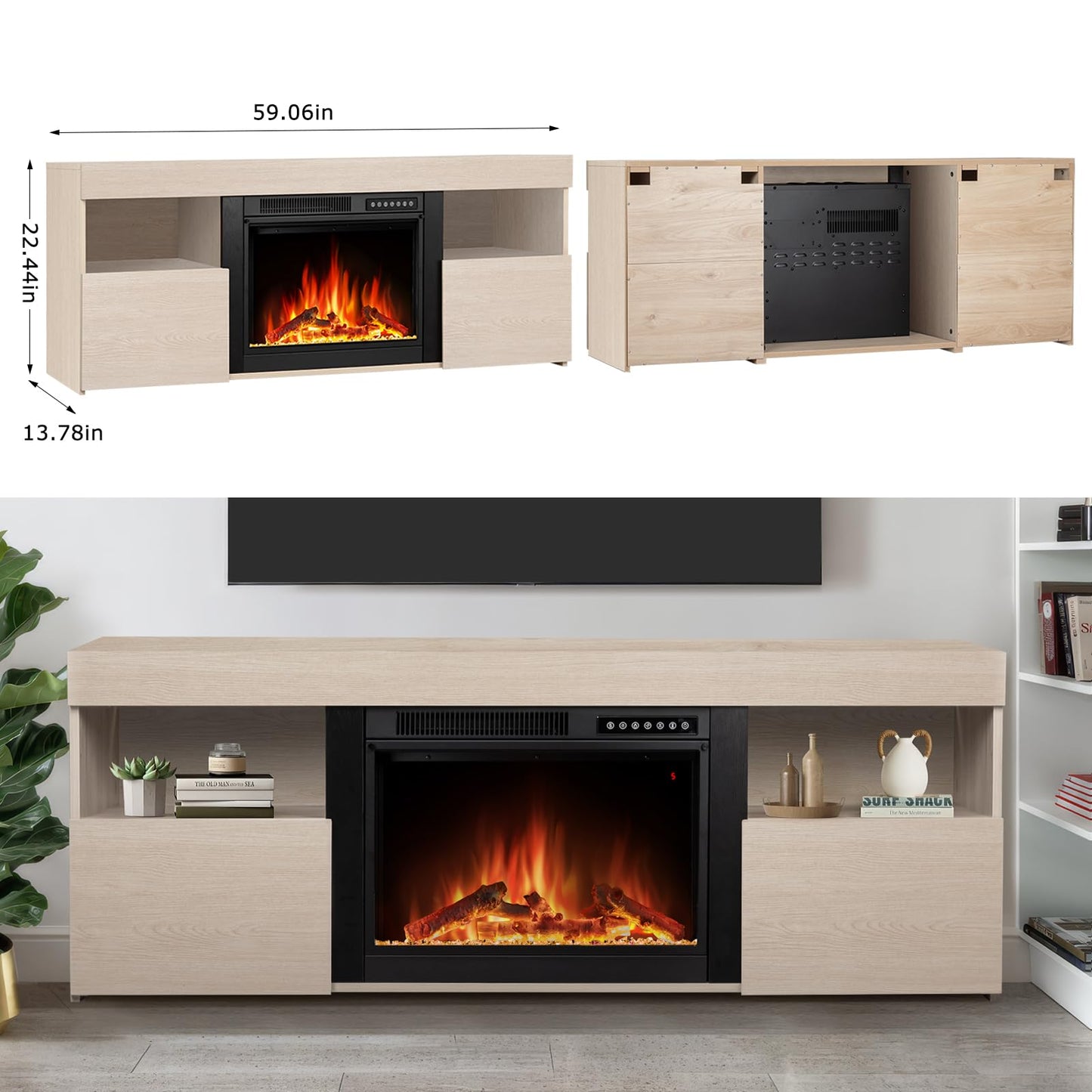 Xbeauty 60" Fireplace Tv Stand Mantel Wood Surround Firebox Freestanding Corner Fireplace Heater Infrared Quartz Heater Adjustable Led Flame, Remote Control,Lightoak