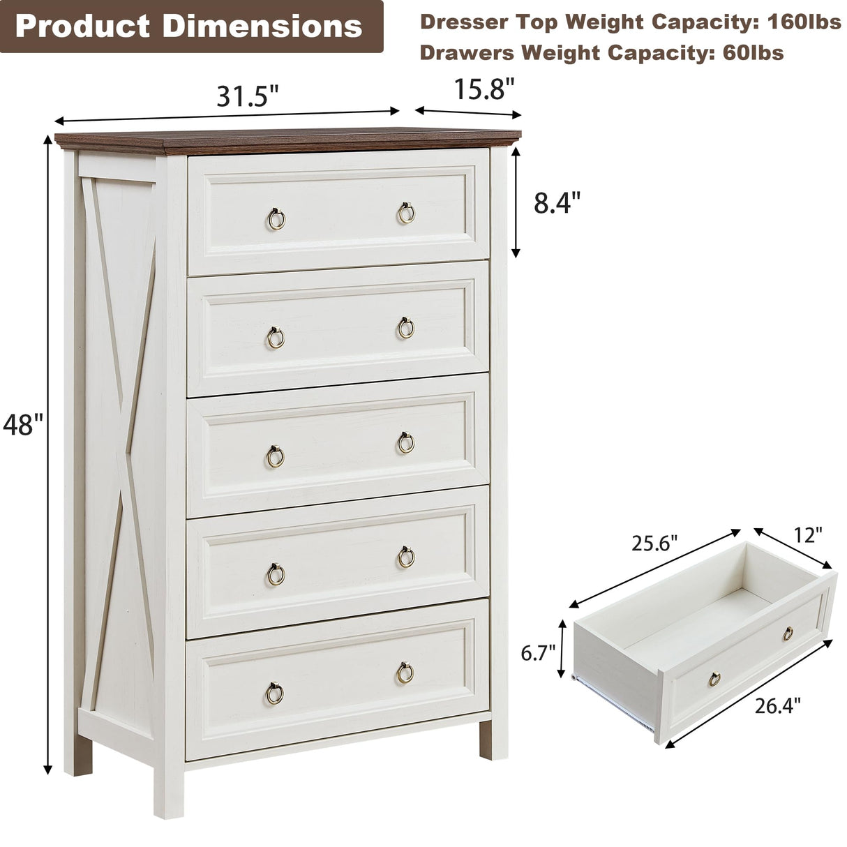 OKYCI Farmhouse Dresser Set for Bedroom,Includes Tall 5 Drawer Dressers & Double 6 Drawer Dresser, Antique White OKYCI