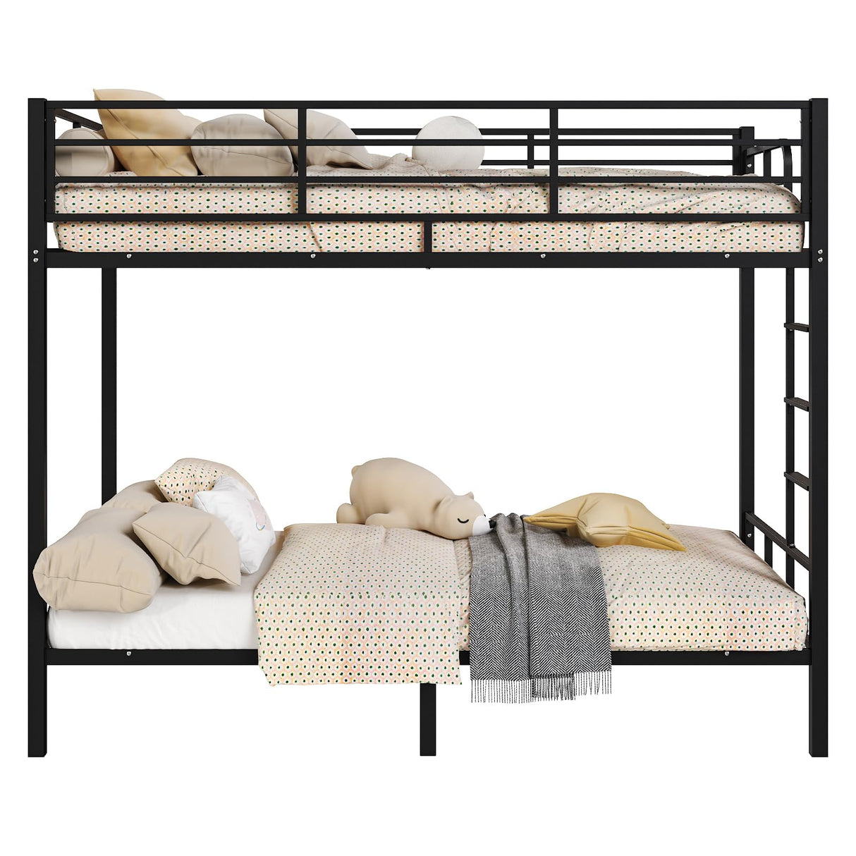 VINGLI Bunk Bed Twin Over Twin with 15 Inches Extra High Guardrail 2 Deckers Bunk Bed with Stairs & Flat Rungs, Heavy Duty Metal Slats, No Box Spring Needed, Black VINGLI