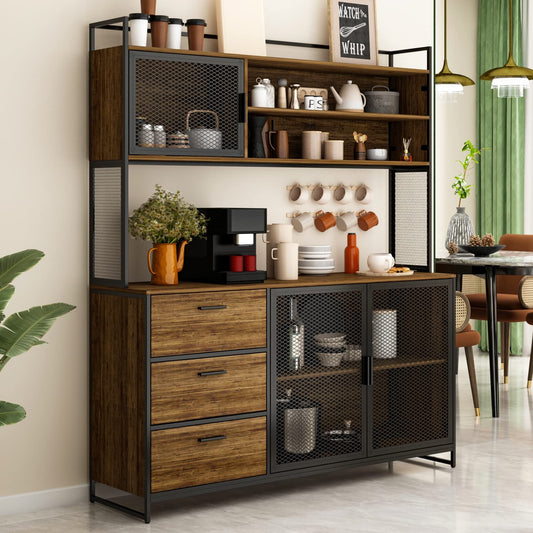 ECACAD Industrial-Style Brown Wood Sideboard Buffet with Hutch, Metal Mesh Doors, and Versatile Storage Solutions