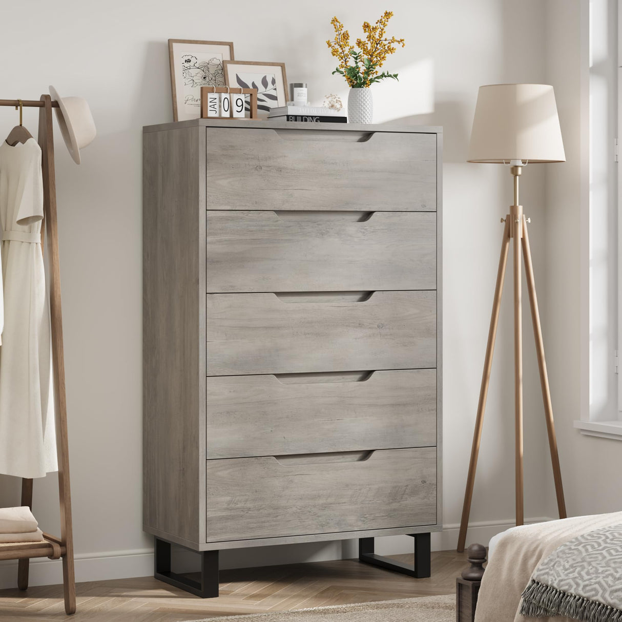 GarveeHome 5 Dresser for Bedroom, 51" Tall Dresser, Freestanding Vertical Drawer Dresser with Storage, Wooden Closet Dresser Storage Dresser Chest for Living Room, Hallway, Entryway, Ash Grey GarveeHome