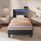 Rolanstar Bed Frame Twin Size with LED Lights and Charging Station, Upholstered Bed with Motion Activated Night Light and Wood Slats, Dark Grey Rolanstar