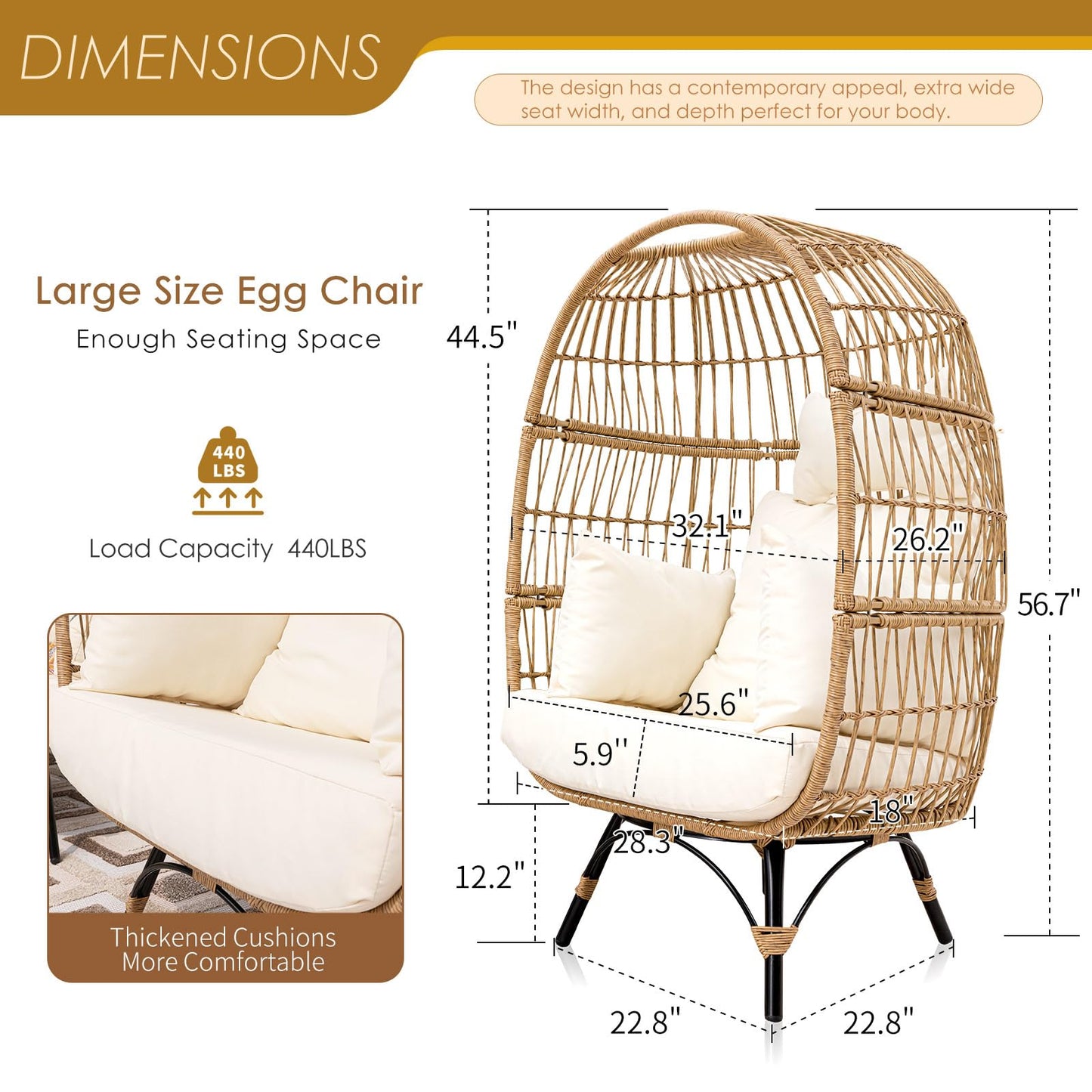 NICESOUL Modern Stationary Wicker Egg Chair with 5 Thicken Cushions, Indoor Outdoor Large Oversized PE Rattan Egg Basket Chair Boho Lounger for Living Room Bedroom Porch Patio Backyard, 440 lbs Beige