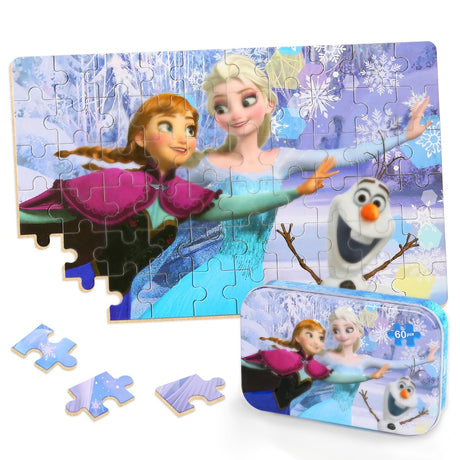 Puzzles for Kids Ages 4-8,Kids Puzzles in a Metal Box,Winter Princess Snowman Puzzles,Kids Boys Girls Learning Educational Puzzles Packed in Tin Box,60 Pieces wieewg