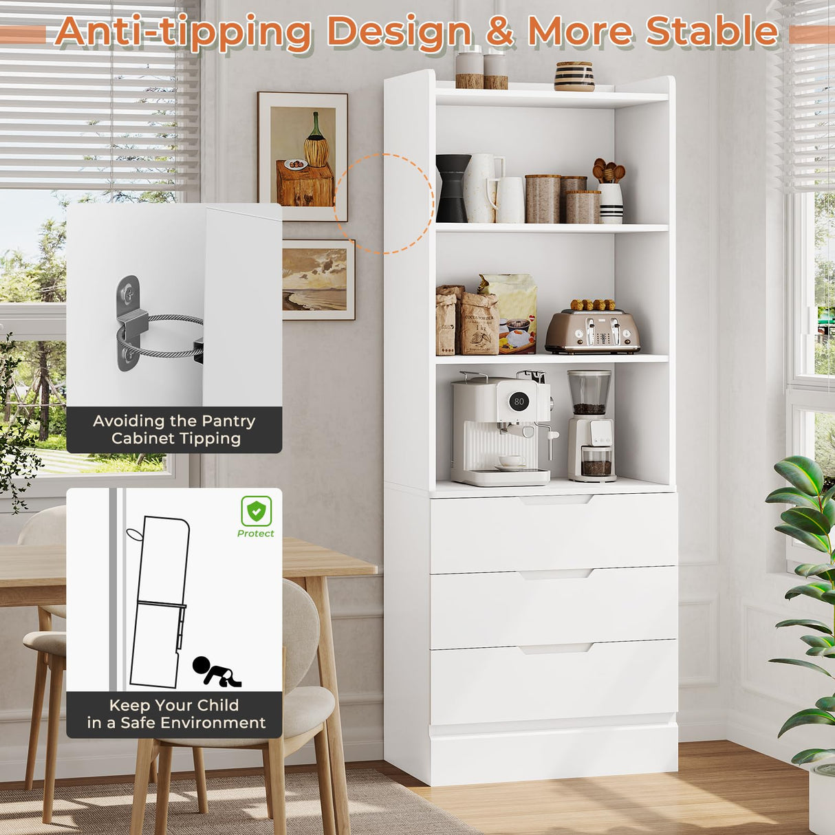 DICTAC 73.23'' Tall Storage Cabinet Bookcase with 3 Drawers and 3-Tier Open Shelves Wooden Bookshelf Kitchen Pantry Storage Organizer Cabinets for Living Room, Study, Kitchen,Bathroom,White DICTAC