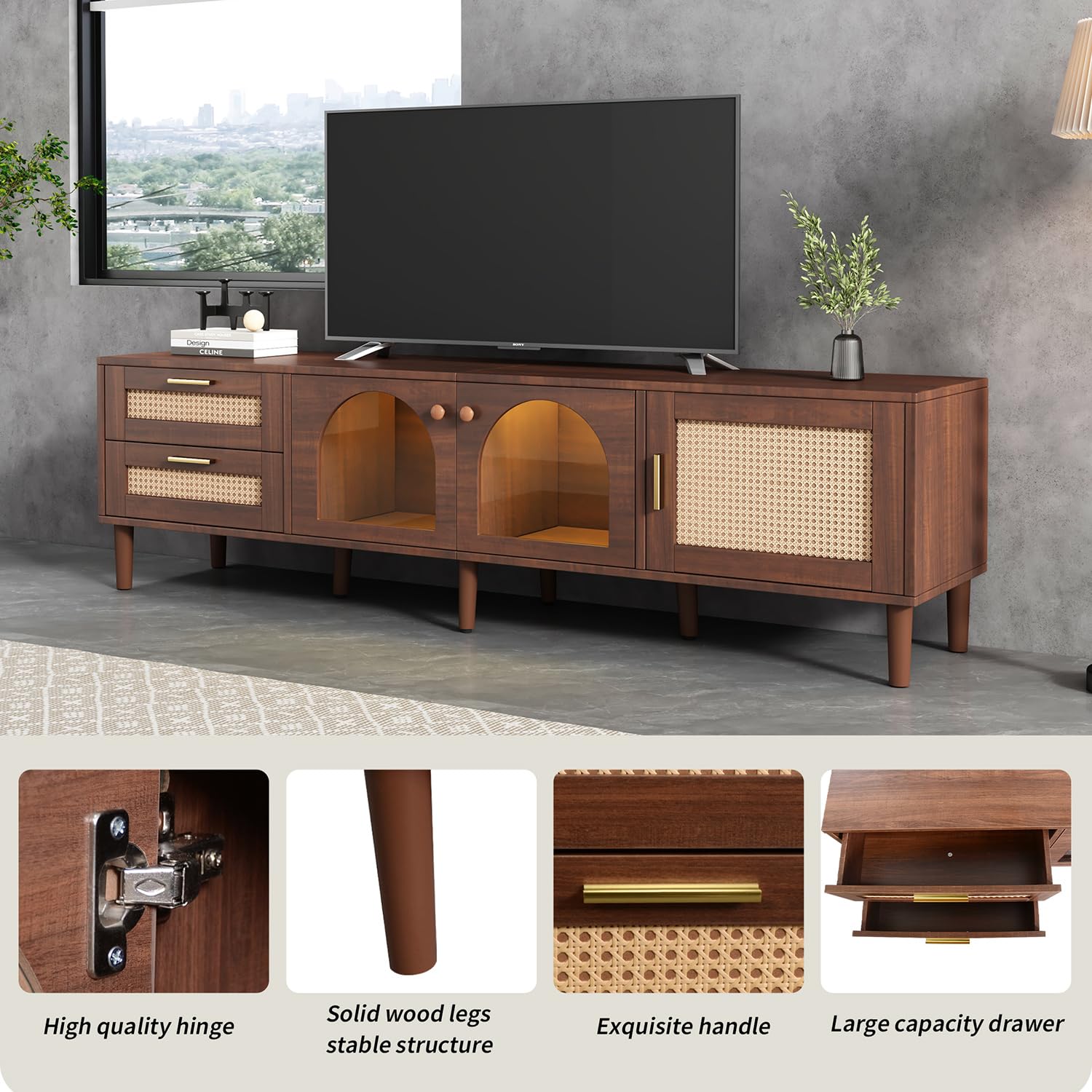 Rattan LED TV Stand for 75 Inch TV, Mid Century Modern Media Console Entertainment Center with 2 Arch Glass Doors, 2 Drawers, 3 Cabinets & Wood Legs, Living Room TV Stand, TV Console Wood TV  - WoodArtSupply