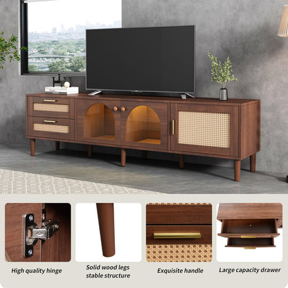 Rattan LED TV Stand for 75 Inch TV, Mid Century Modern Media Console Entertainment Center with 2 Arch Glass Doors, 2 Drawers, 3 Cabinets & Wood Legs, Living Room TV Stand, TV Console Wood TV  - WoodArtSupply