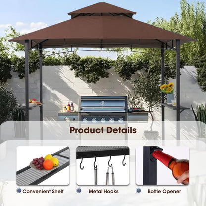 Grill Gazebo 8'×5' Barbeque Gazebo Canopy Tent Shelter with 2 Tier Hardtop BBQ Canopy for Outdoor Patio Backyard Deck, （Brown