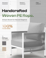 Oasbira Aluminum Outdoor Patio Furniture Set, HDPE Rope 4 Piece Modern Sectional Conversation Sets with Dual-Layer Coffee Table, All Weather Patio Couch Set with Thick Cushions, White Frame, White Oasbira