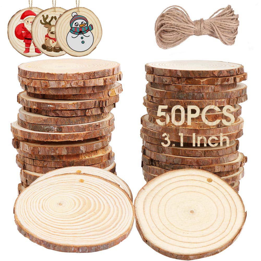 AerWo Natural Wood Slices 50 Pcs 2.7-3.1 Inches Craft Wood Kit Unfinished Predrilled with Hole Wooden Circles Tree Slices for Arts and Crafts Christmas Ornaments DIY Crafts