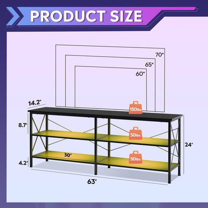 WLIVE TV Stand up to 70 Inch TV, 63" Entertainment Center with LED, TV Media Console with 3-Tier Storage Shelves for Living Room and Bedroom, Black