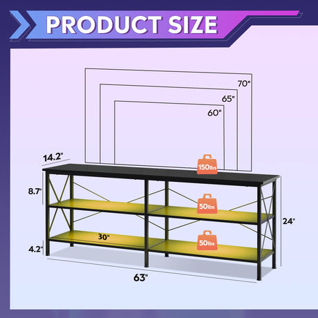 WLIVE TV Stand up to 70 Inch TV, 63" Entertainment Center with LED, TV Media Console with 3-Tier Storage Shelves for Living Room and Bedroom, Black WLIVE