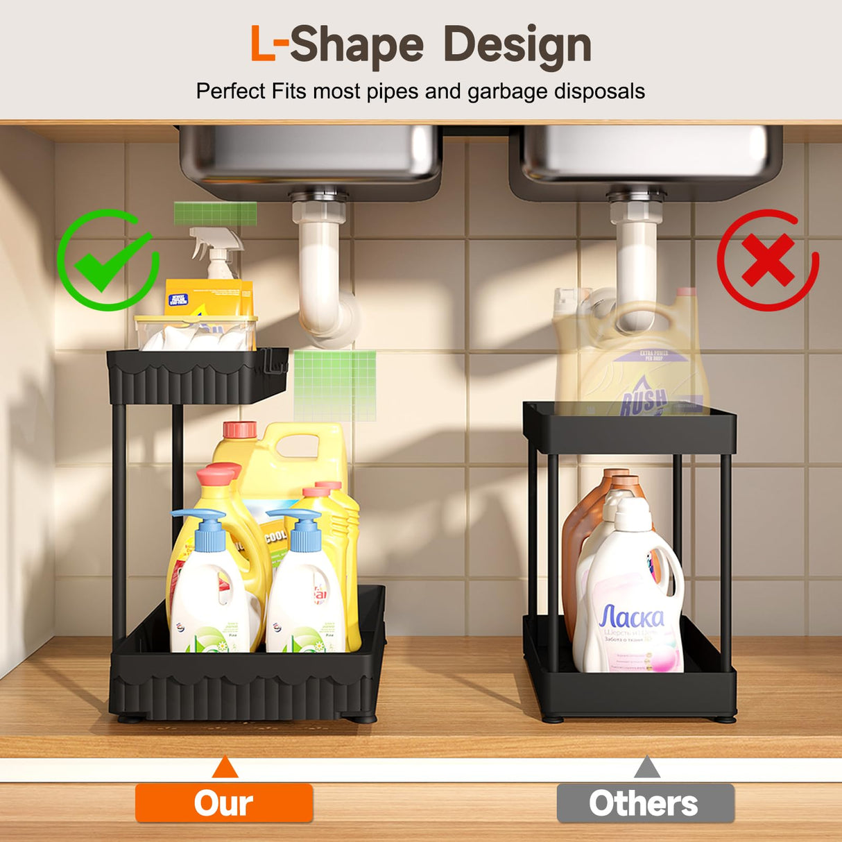 Sevenblue 3 Pack Under Sink Organizers and Storage L-Shaped, 2 Tier Sliding Bathroom Organizers and Storage with Hooks Hanging Cup, Multi-Purpose Cabinet Organizers for Kitchen Bathroom, Black Sevenblue