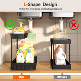 Sevenblue 3 Pack Under Sink Organizers and Storage L-Shaped, 2 Tier Sliding Bathroom Organizers and Storage with Hooks Hanging Cup, Multi-Purpose Cabinet Organizers for Kitchen Bathroom, Black Sevenblue