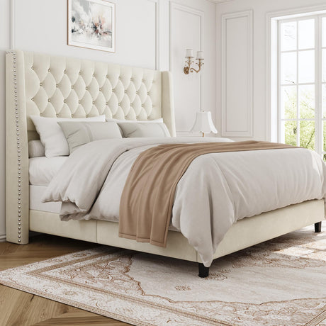 SEREINEY Queen Bed Frame with 55" Tall Headboard, Upholstered Bed Frames, Soft Fabric, Button Tufted Headboard with Windback, Platform Bed, Noise-Free, No Box Spring Needed, Beige SEREINEY