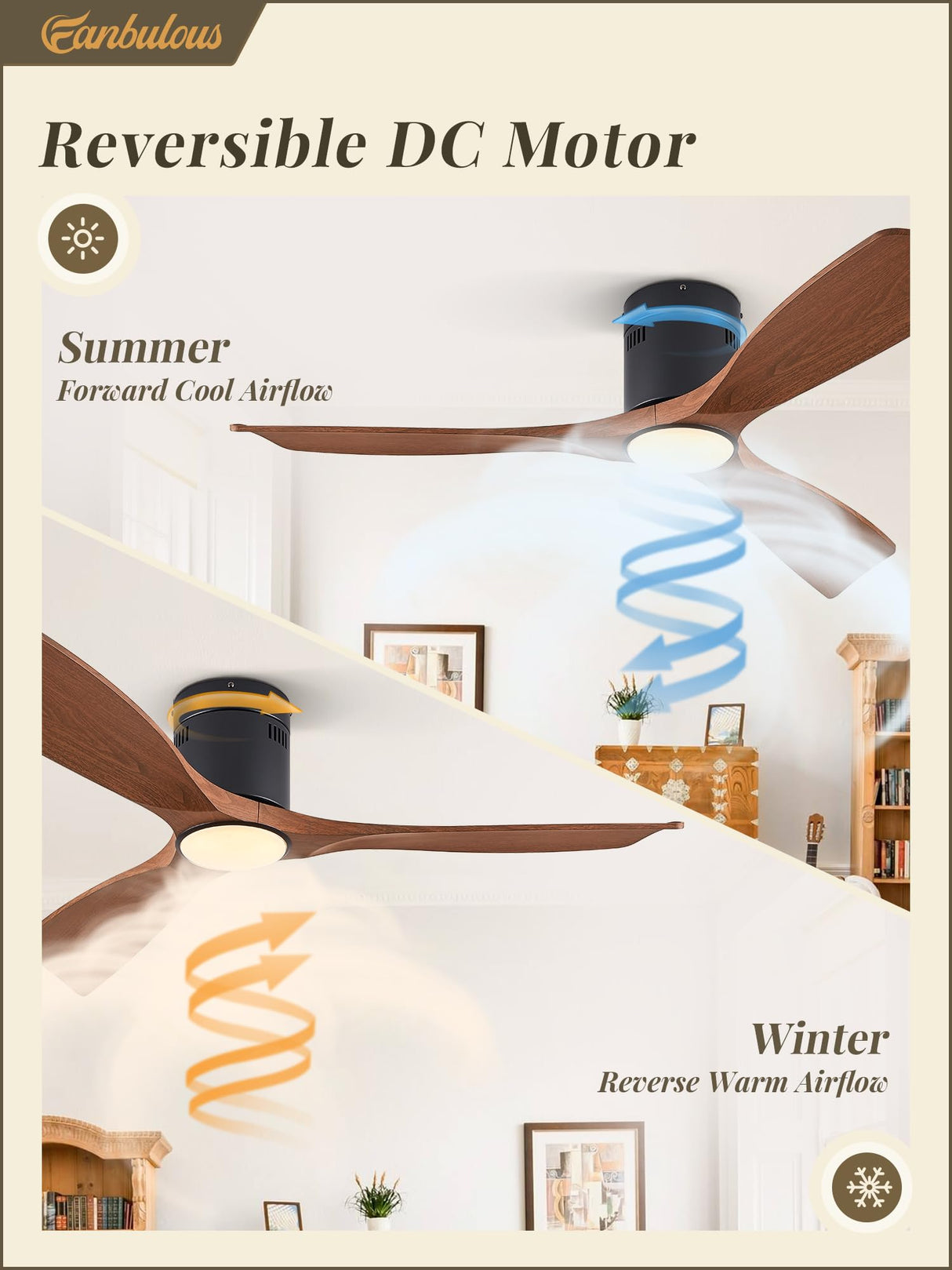 Fanbulous 52" Ceiling Fans with Lights and Remote Control,Modern Flush Mount Ceiling Fan with 3 LED Colors,Low Profile Ceiling Fans with 6-Speeds Reversible DC Motor for Bedroom Living Room Patio Fanbulous