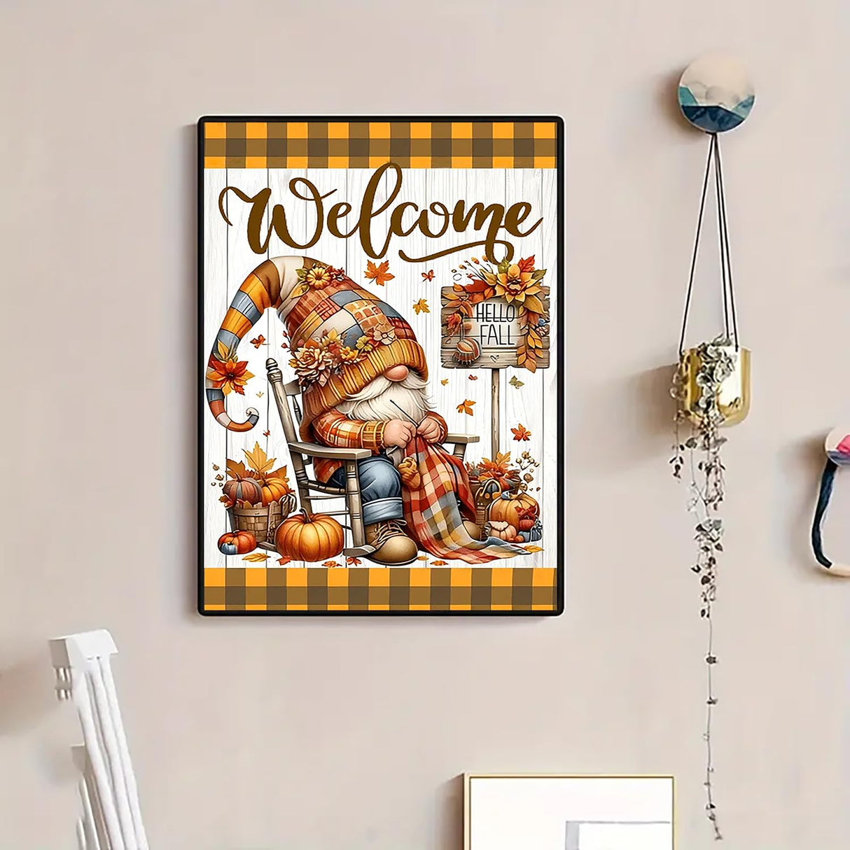 Hello Fall Gnome Sewing Diamond Art Kits for Adults, 5D Diamond Painting Kits for Adults Beginners, DIY Full Round Drill Diamond Dot Painting Gem Art Kits for Adult, Home Wall Decor 11.8x15.7 Inch VCLKDIY