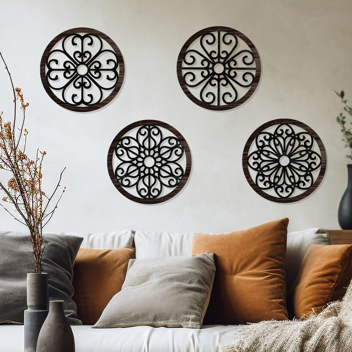 Zzbakress 4 Pcs Wooden Grainy Rustic Wall Art Farmhouse Wall Decor Wooden Exquisite Hollow Pattern Wall Decor Elegant Round Wall Art for Living Room Dinner Room Kitchen Bedroom Hallway (Black, Rustic) Zzbakress