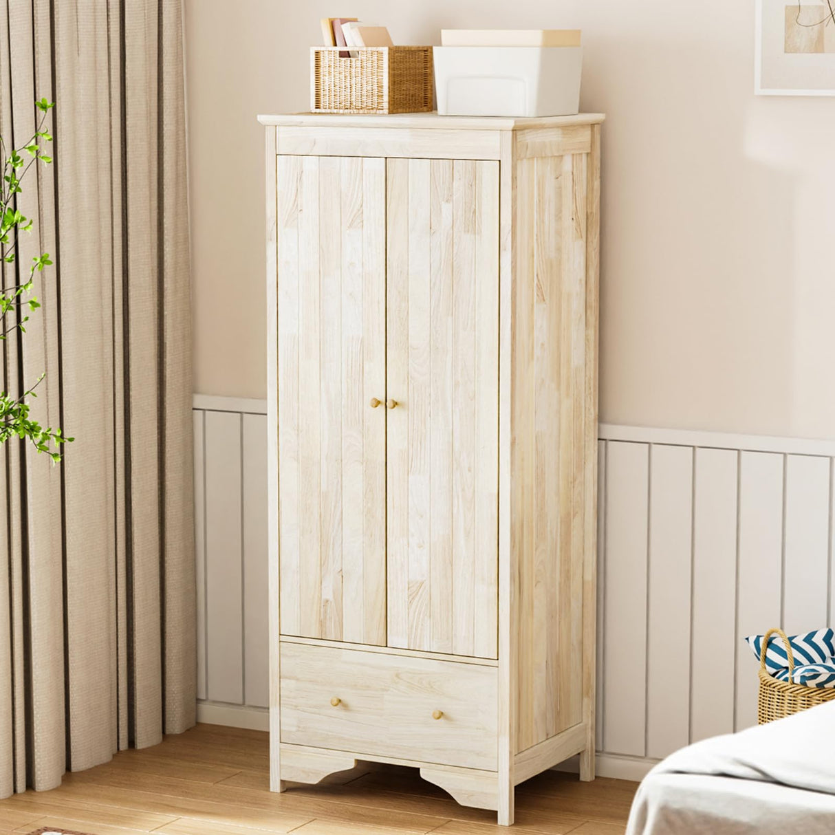 VINGLI Solid Wood Wardrobe Closet, Unfinished Wood Armoire Color DIY, Natural Rubber Wood Wardrobe Closet with Doors and Drawers, Real Wood Wardrobe Closet for Hanging Clothes, Wooden Wardrobe Cabinet VINGLI
