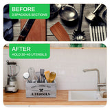 MINCORD Utensil Holder with 3 Compartments, Rustic Utensil Caddy Wood Utensil Crocks for Kitchen Counter, Farmhouse Flatware Utensil Organizer Storage Box for Silverware Fork Spoon Spatula MINCORD