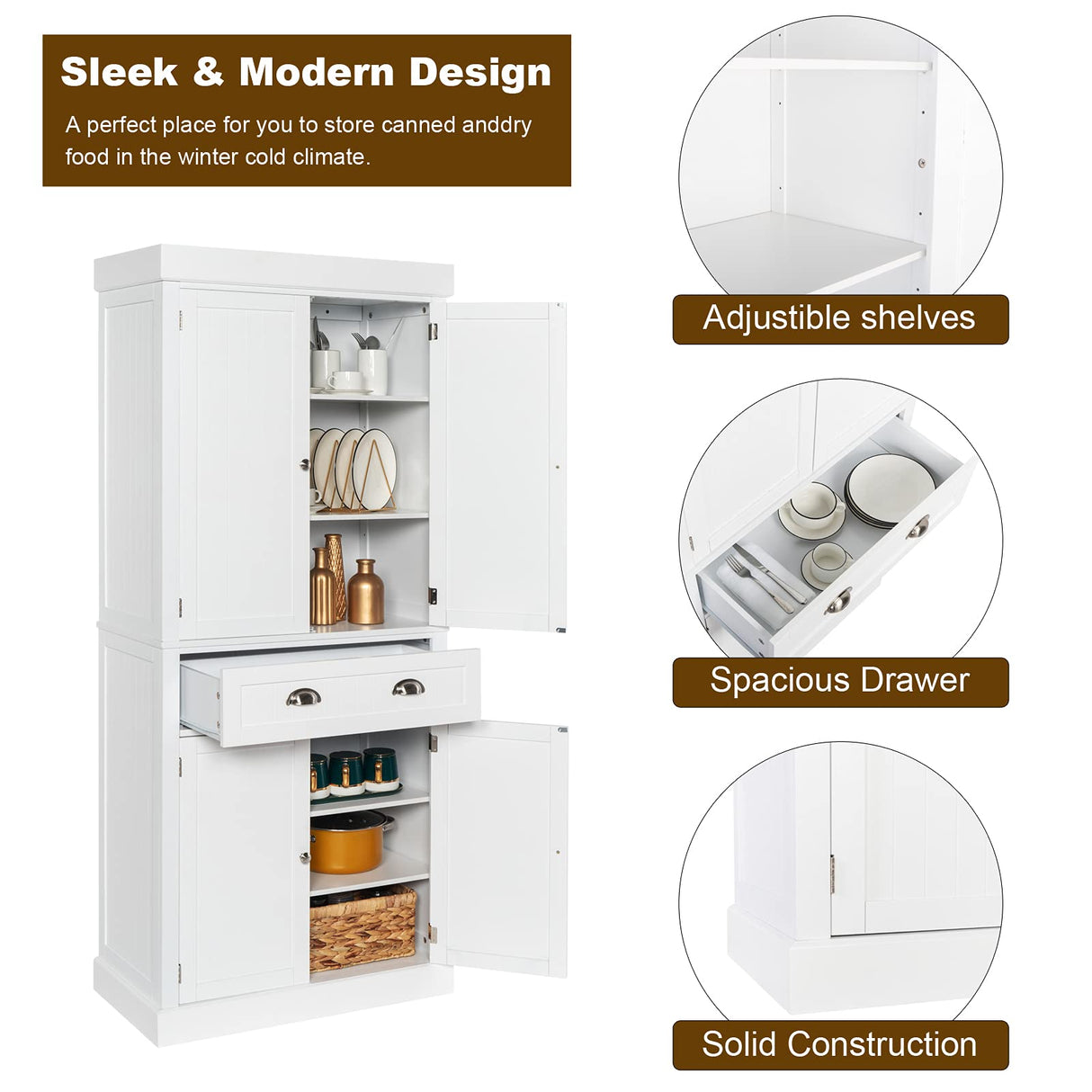 VINGLI 72" Tall Pantry Cabinet, Freestanding Kitchen Pantry Storage Cabinet with Doors and Shelves Adjustable, Wood Pantry with Drawer for Kitchen, Assembly Required, White VINGLI