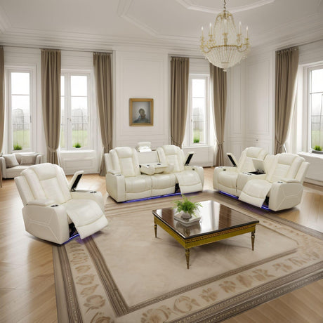 AYCP Furniture Power Recliner Set with LED Lights, Quilted Air Leather Reclining Set with USB Port/Storage/Cup Holder/Reader Light for House/Home Theater/Apt/Rv/Office (Ivory, 3PC Full Set) AYCP Furniture