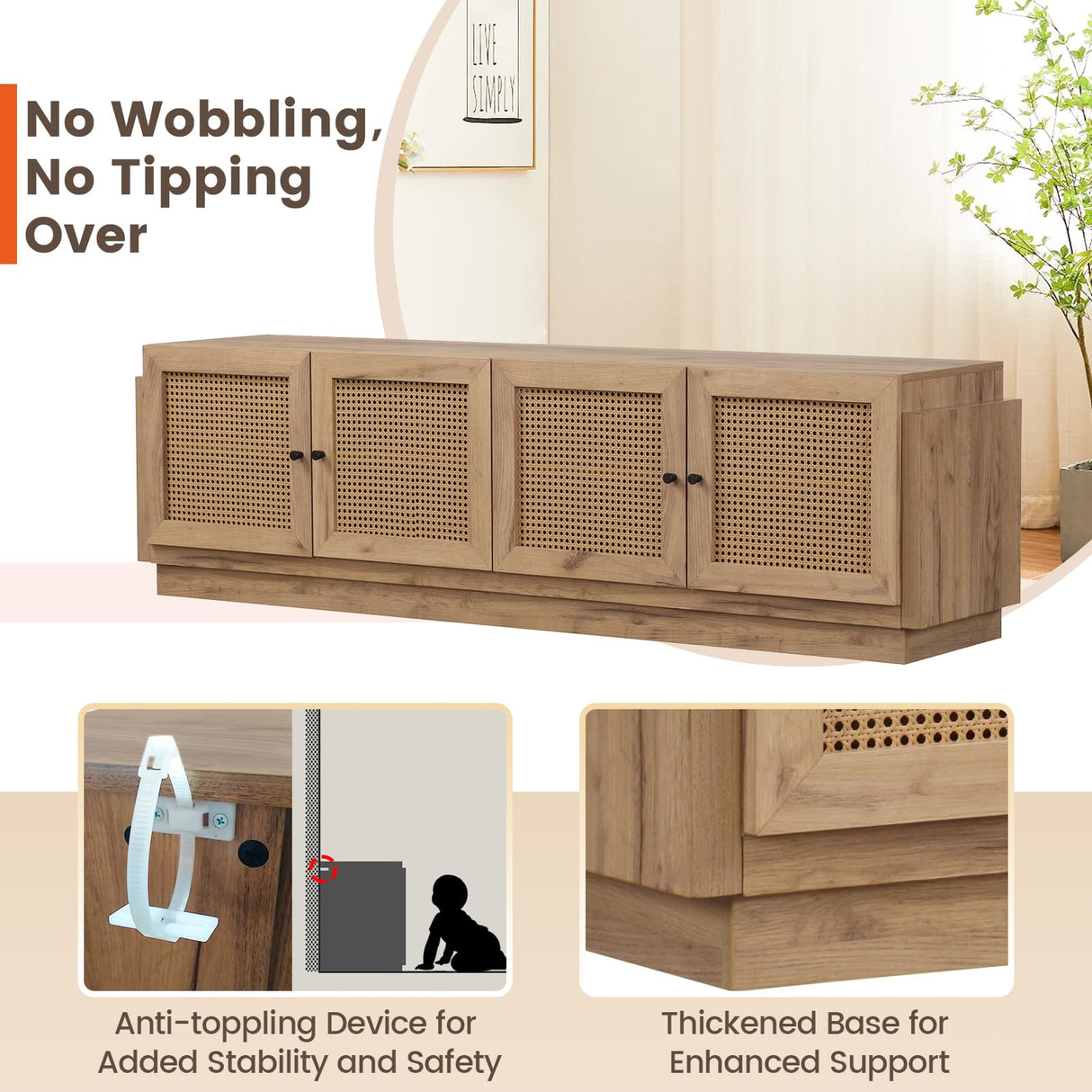 Giantex Farmhouse TV Stand for TVs up to 75", 4-Door PE Rattan Entertainment Center w/ 2 Cabinets, Adjustable Shelves, 8 Cable Holes, Mid Century Modern Media Console Table for Living Room, TV Cabinet Giantex