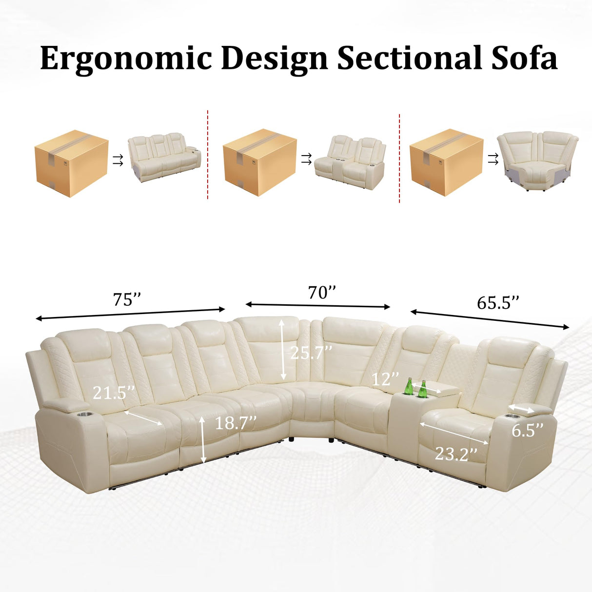 Leather Reclining Sofa with LED,Power Recliner Sectional Couch for Living Room,Reclining Couches with Read Light/Charging/Hide-Away Storage (Cream-White, Sectional) Pon Living Furniture Inc