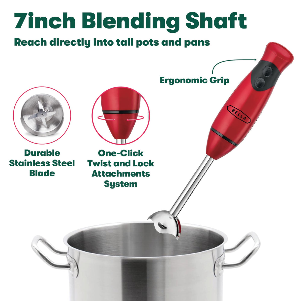 BELLA Immersion Hand Blender, Portable Mixer with Whisk Attachment - Electric Handheld Juicer, Shakes, Baby Food and Smoothie Maker, Stainless Steel, Red BELLA
