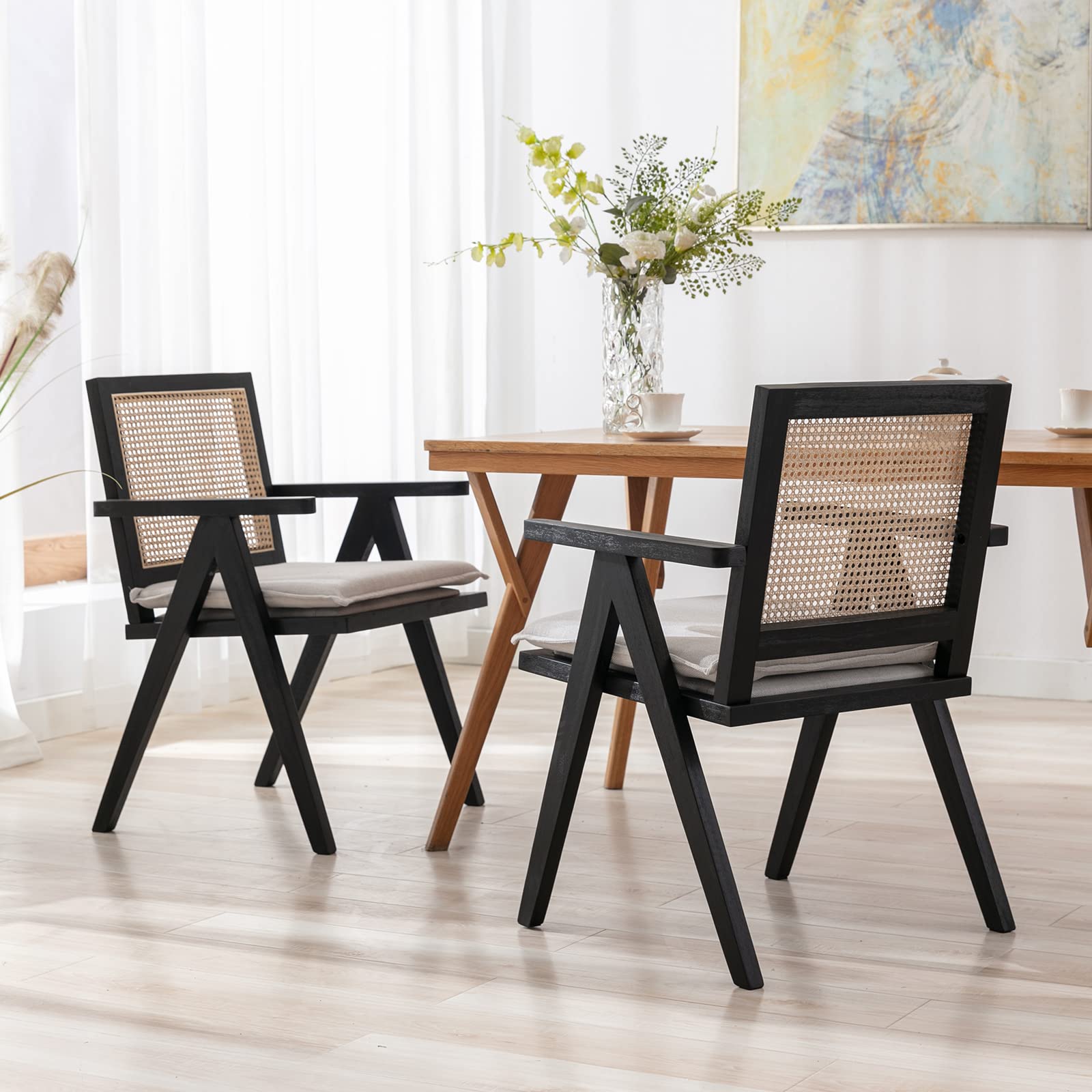 QUINJAY Rattan Dining Chairs Set of 4, Upholstered French Country Dining Room Chairs with Rattan Back Farmhouse Dining Chairs Mid Century Modern Accent Side Chairs with Wood Frame for Kitchen - WoodArtSupply