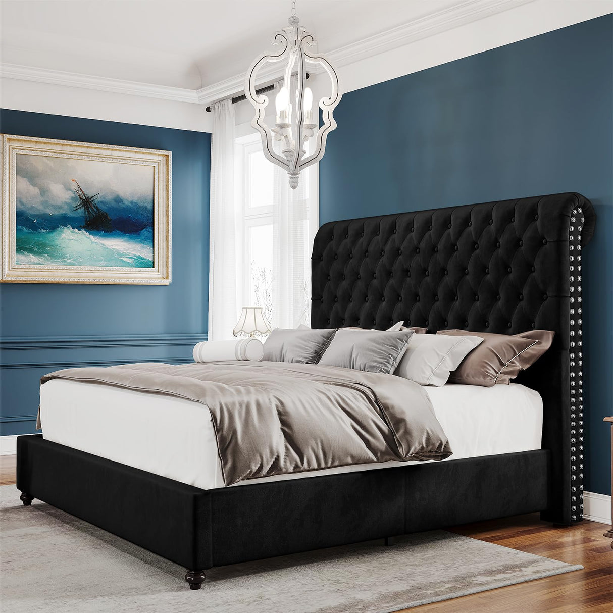 PaPaJet King Bed Frame Upholstered Platform Bed Frame with 52.8'' Tall Sleigh Headboard, Button Tufted, No Box Spring Needed, Easy Assembly, Black PaPaJet