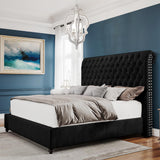 PaPaJet King Bed Frame Upholstered Platform Bed Frame with 52.8'' Tall Sleigh Headboard, Button Tufted, No Box Spring Needed, Easy Assembly, Black PaPaJet