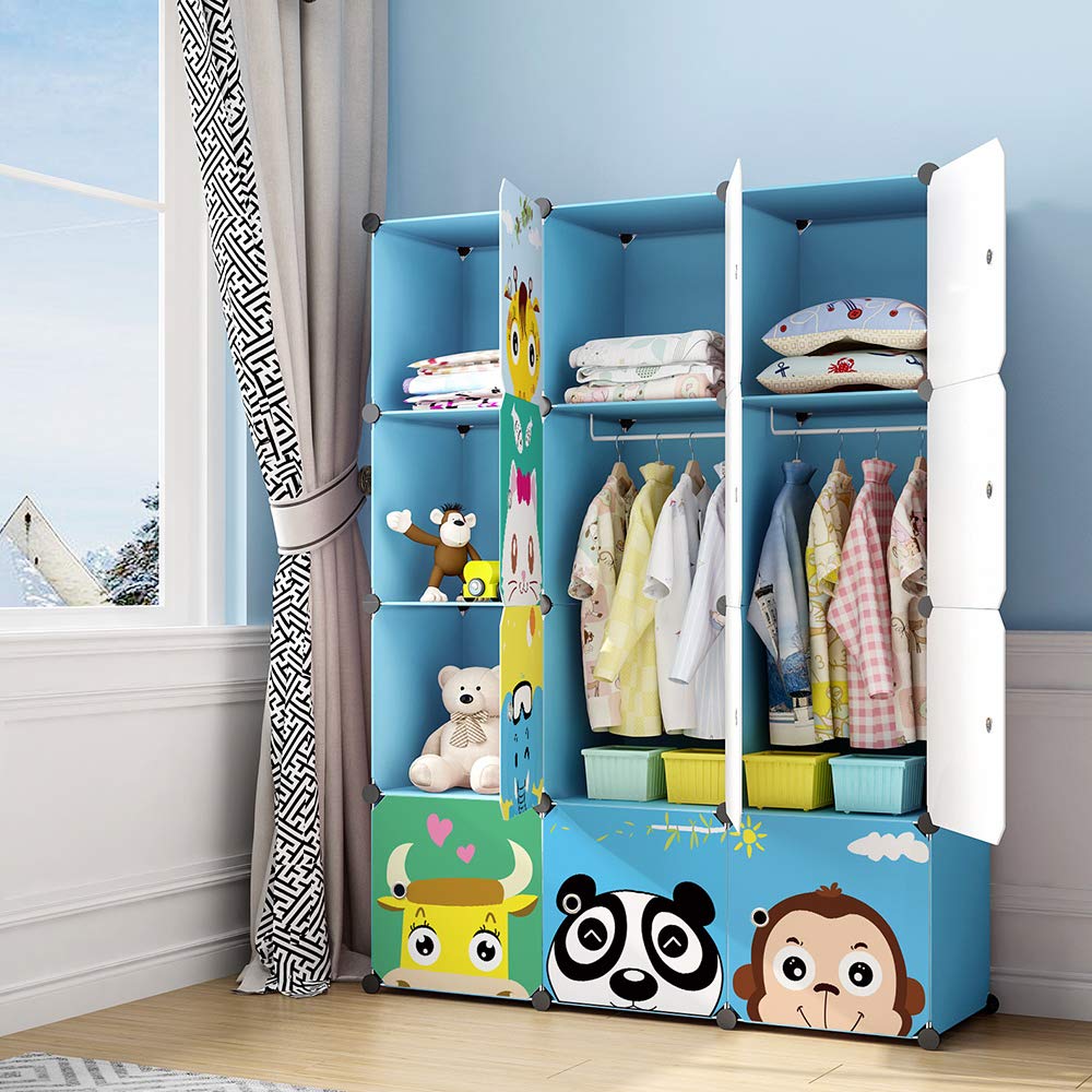 MAGINELS Kids Closet,Baby Wardrobe Closet with Door,Cute Portable Armoire Dresser,Clothes Hanging Storage Rack for Boy Bedroom,Blue,12 Cube(14x14inch) MAGINELS