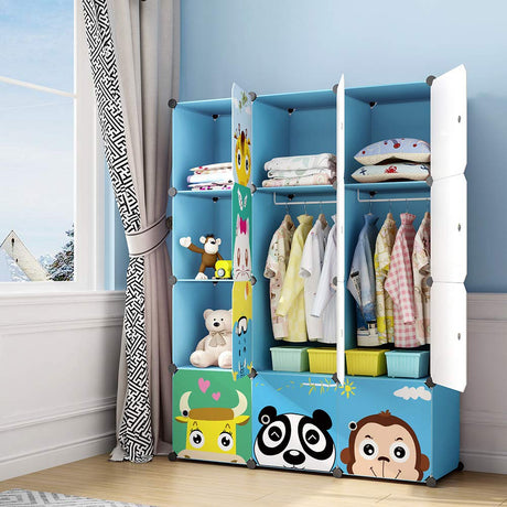 MAGINELS Kids Closet,Baby Wardrobe Closet with Door,Cute Portable Armoire Dresser,Clothes Hanging Storage Rack for Boy Bedroom,Blue,12 Cube(14x14inch) MAGINELS