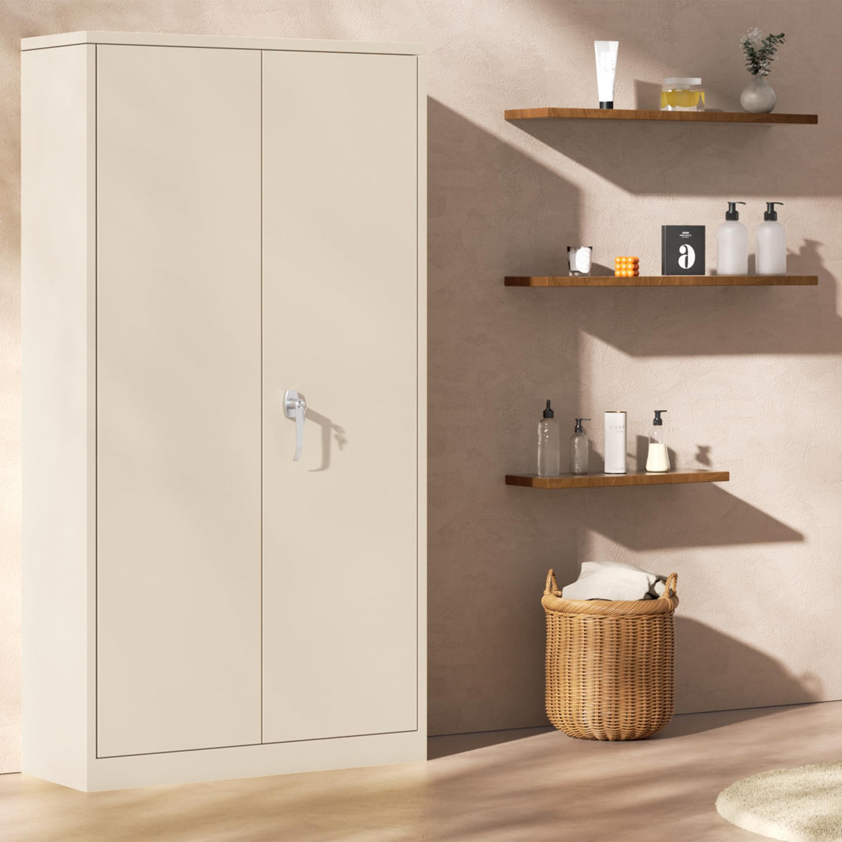 Bonusall Tall Metal Storage Lockers,71 inch Locking Steel Cabinet with Lock,Lockable Storage cabinets with 2 Doors and 4 Shelves,Utility Cabinet for Office,Garage,Warehome,Basement(Beige) Bonusall