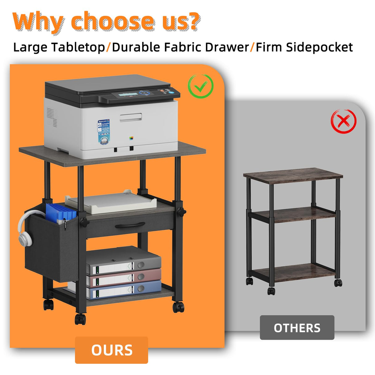 YAOHUOO 22"x15" Large Printer Stand with Storage Drawer and Side Bag, 3-Tier Height Adjustbale Printer Cart for Home Office, Rolling Printer Table fit Heat Press/Laser printer/3D Printer(Grey) YAOHUOO